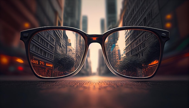 Free photo sunglasses reflection close up eyesight urban skyline modern elegance generated by ai