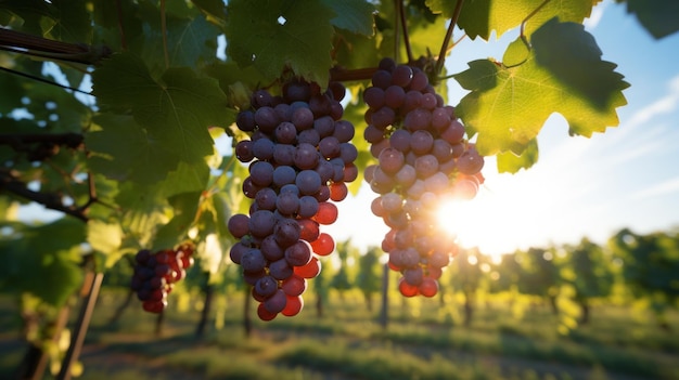 Free photo sunkissed grapes cluster on the vine in verdant vineyard