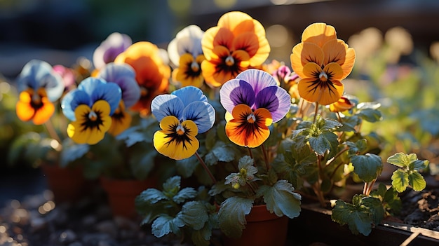 Sunkissed pansies display their vivid purple and yellow hues a testament to springs vibrant bloom