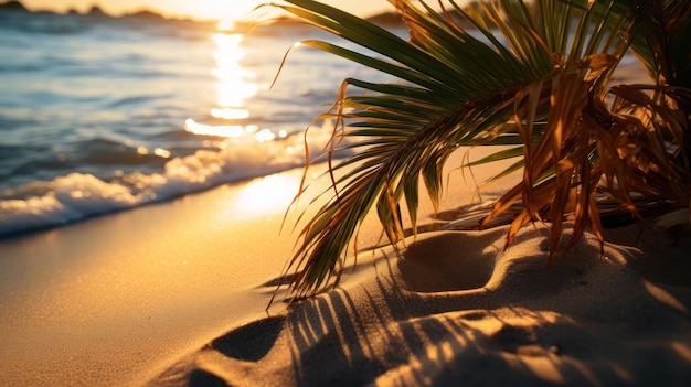 Sunlight golden and radiant filters through palm leaves creating shadows on the sandy beach