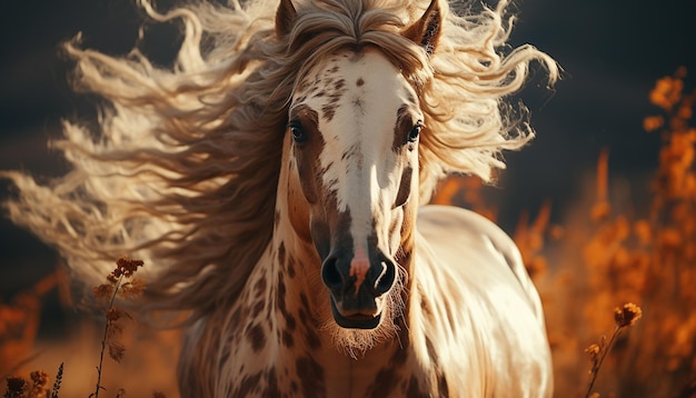 無料写真 草原を自由に走る太陽に照らされた馬、人工知能によって生成された美しさのポートレート