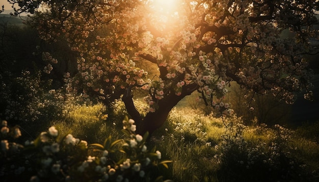 太陽に照らされた木の枝 AI によって生成された夏の牧草地の美しさ