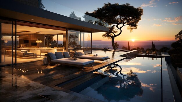 風景にスイミングプールを備えた見事なモダンなヴィラの日没の建築マトリックス