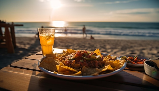 Sunset beach meal Gourmet meat drink refreshment generated by AI