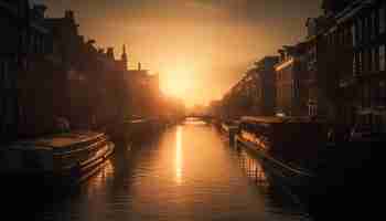 Free photo a sunset over a canal with a boat in the water.