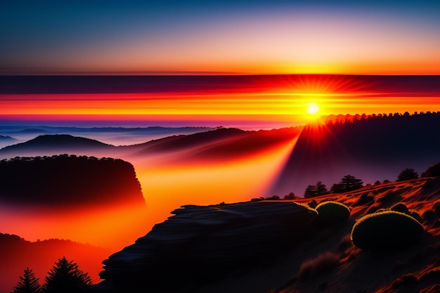 Foto gratuita un tramonto su un canyon con una montagna sullo sfondo