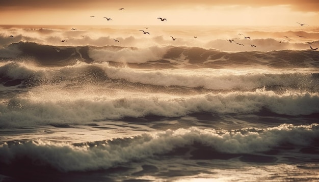 Foto gratuita il tramonto sulle onde della costa che schizzano in modo idilliaco generato dall'intelligenza artificiale