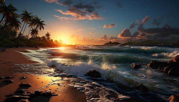 Free photo sunset over the coastline waves crash on tranquil waters generated by artificial intelligence