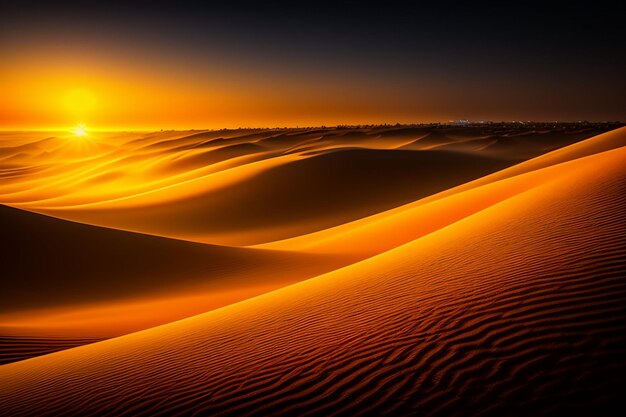 A sunset over the desert with the sun setting on the horizon