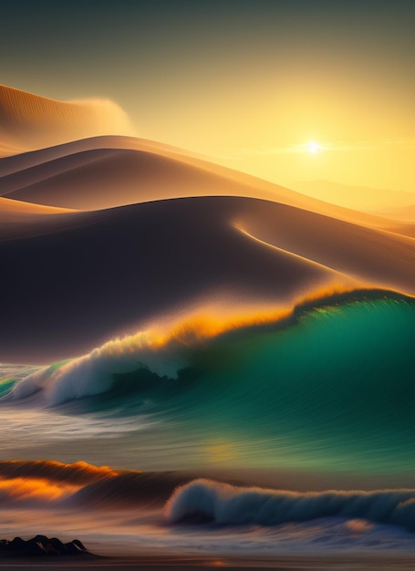 A sunset in the desert with a wave