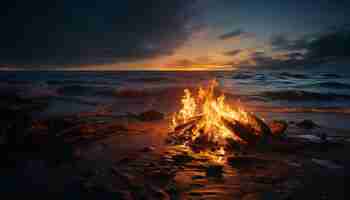 Free photo sunset flame burns the summer sky reflecting on tranquil waters generated by artificial intelligence