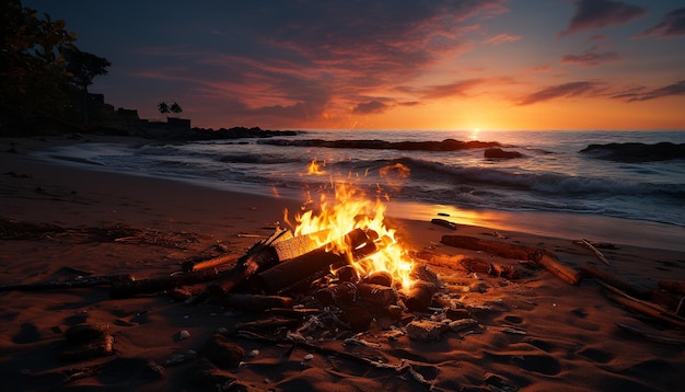 Бесплатное фото Закат, пламя, тепло, горящий костер, красота в природе, спокойное море, созданное искусственным интеллектом.