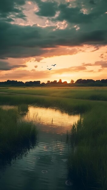 夕暮れの緑の畑と空の鳥の湖