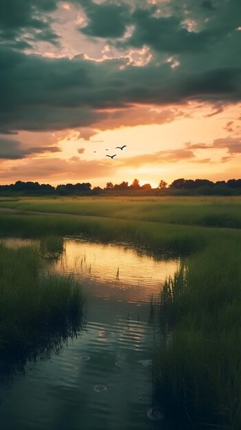 sunset green fields with a lake birds in the sky