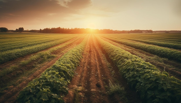 Sunset over idyllic farm meadow nature beauty generated by AI