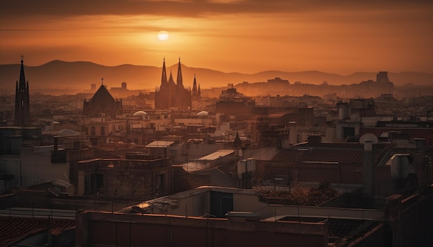 Foto gratuita il tramonto illumina la silhouette degli antichi minareti dello skyline della città generata dall'intelligenza artificiale