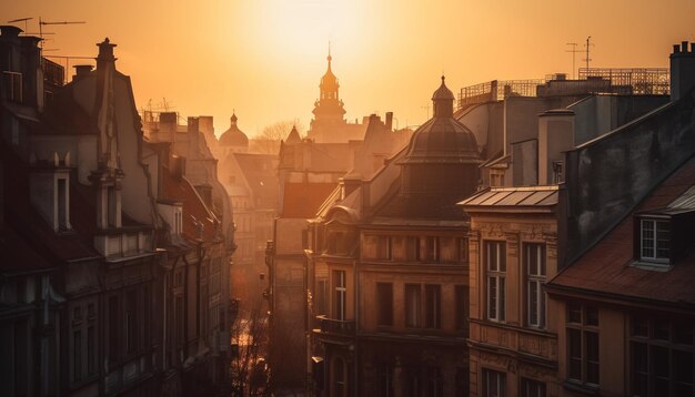 Sunset illuminates famous cathedral ancient cross generated by AI