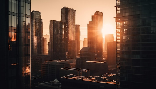 夕日が AI によって生成された現代の北京のスカイラインを照らす鋼鉄の高層ビルを反映
