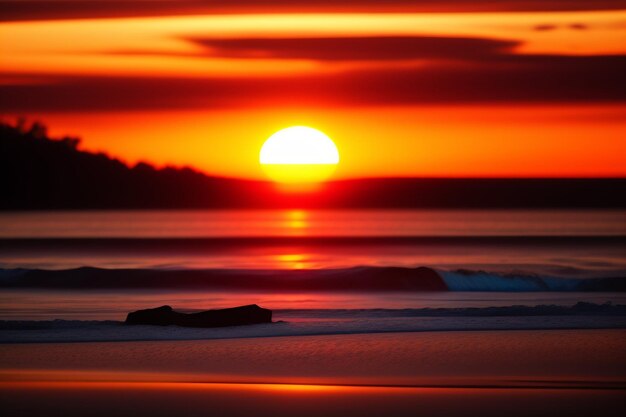 A sunset over a lake with a wave in the foreground and a large orange sun in the background.