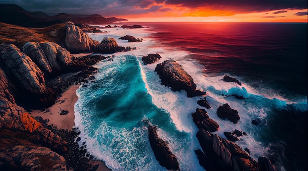 Sunset over majestic coastal cliff waves breaking generative AI