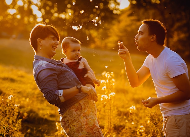 Sunset makes halo around family playing among the flowers 