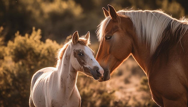 Free photo sunset meadow stallion and mare grazing together generative ai