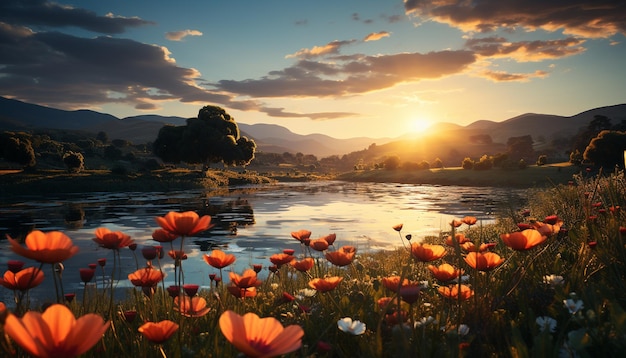 Free photo sunset over the meadow a tranquil scene of nature beauty generated by artificial intelligence