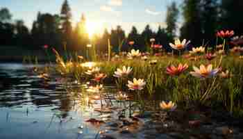 Бесплатное фото Яркие цветы на закатном лугу цветут в спокойном отражении природы, созданном искусственным интеллектом.