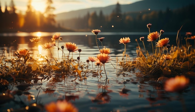 Foto gratuita il tramonto sul prato i fiori vivaci si riflettono in uno stagno tranquillo generato dall'intelligenza artificiale