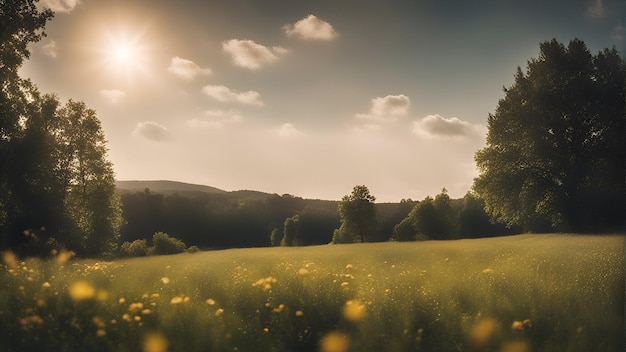 Foto gratuita tramonto su un prato con fiori gialli e alberi sullo sfondo