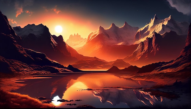 A sunset over a mountain range with a red sky and the sun setting behind it.