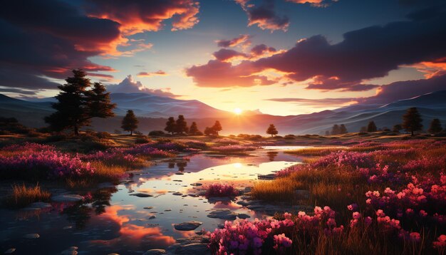 Sunset over the mountain reflecting in the tranquil meadow pond generated by artificial intelligence