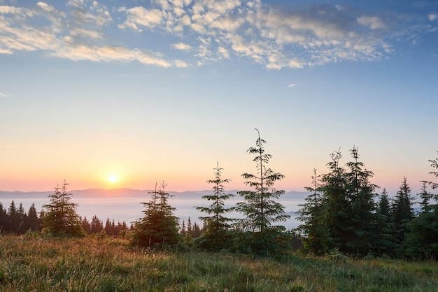 山の風景の夕日。劇的な空。ウクライナヨーロッパのカルパチア。