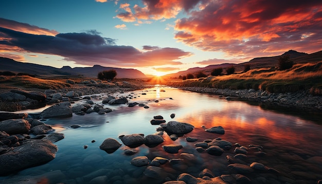 無料写真 人工知能によって生成された静かな水に反射する山の上の日没