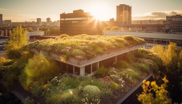 Бесплатное фото Закат над городским пейзажем сочетается с архитектурой, созданной искусственным интеллектом