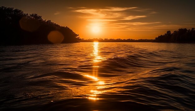 AI によって生成された静かな水に映る夕日の自然の美しさ