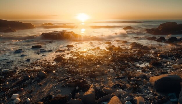 Sunset over rocky coast wave crashes softly generated by AI