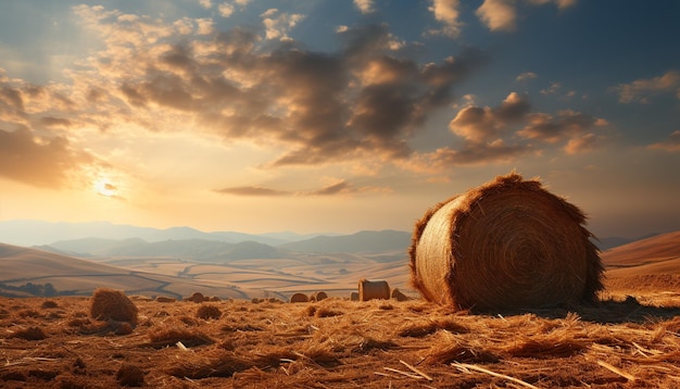 Foto gratuita tramonto su un prato di una fattoria rurale con balle di raccolto dorato, bellezza della natura generata dall'intelligenza artificiale