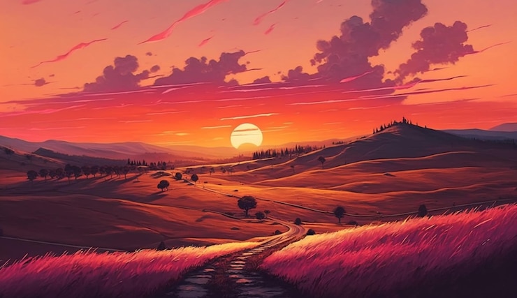 Free Photo sunset over rural landscape meadow and mountains generative ai