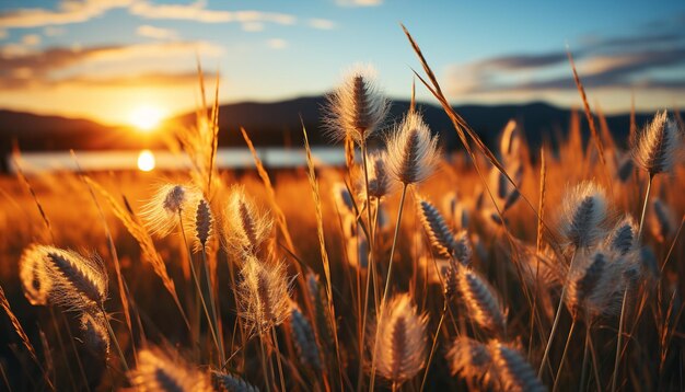 Sunset over rural meadow golden wheat harvest in summer generated by artificial intelligence