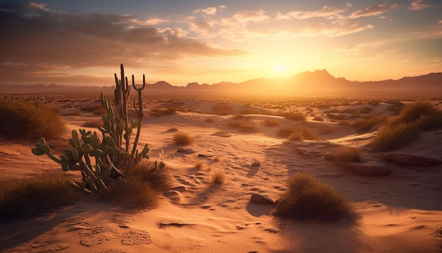 Sunset over the sand dunes creates a tranquil breathtaking landscape generated by artificial intelligence