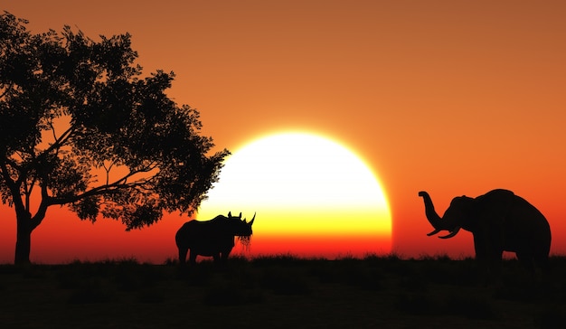 アフリカの風景の中にサイやゾウのレンダリング3D