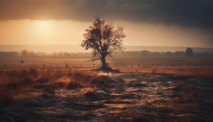 Free Photo sunset silhouette tranquil tree in orange sky generated by ai