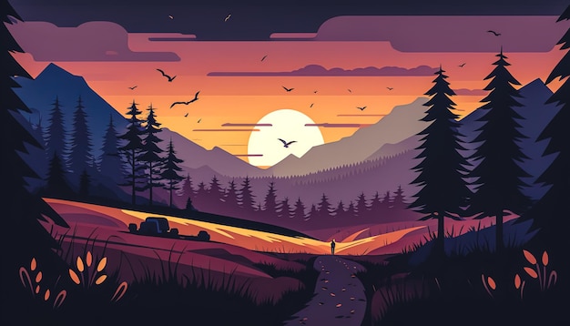 Sunset and silhouettes of trees in the mountains generative AI