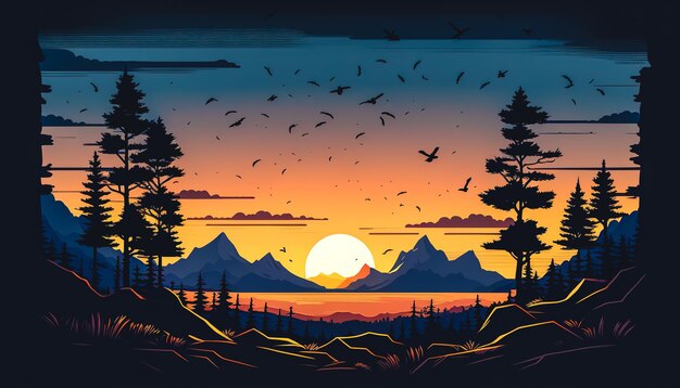 Sunset and silhouettes of trees in the mountains generative AI