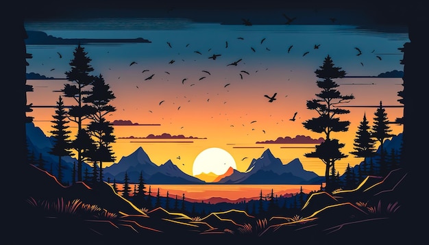 Sunset and silhouettes of trees in the mountains generative AI
