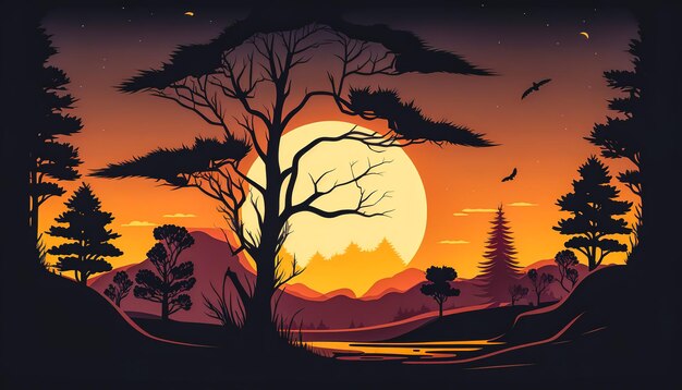 夕焼けと山の木々のシルエット ジェネレーティブ AI