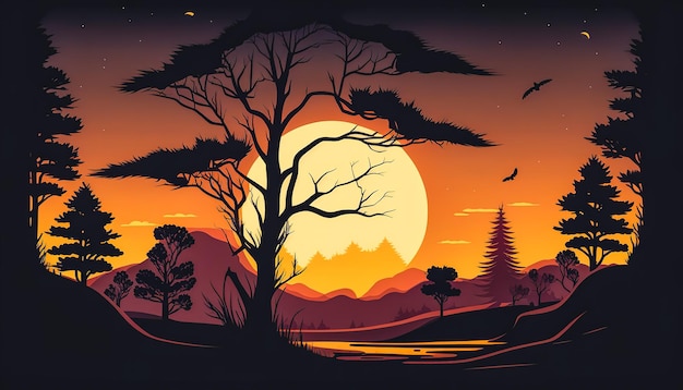 Sunset and silhouettes of trees in the mountains generative AI