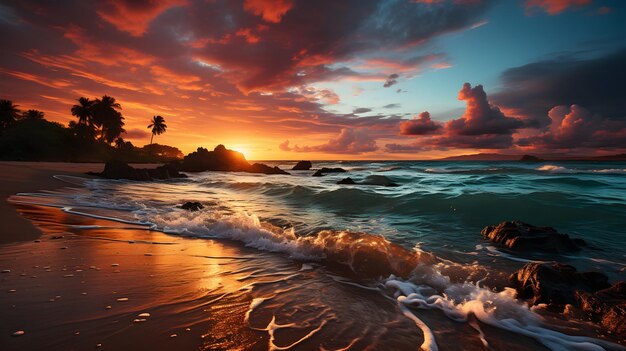 夕焼け空のビーチの絵の背景