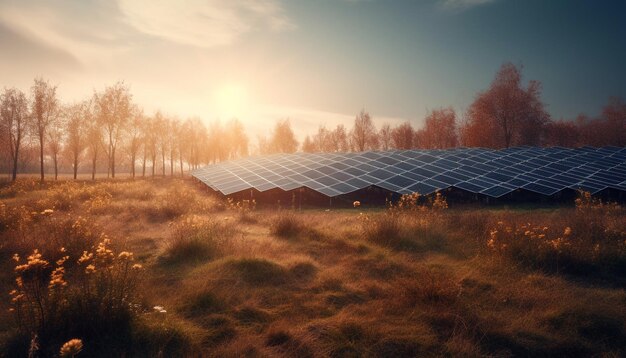 Sunset sky powers solar panel generator farm generated by AI